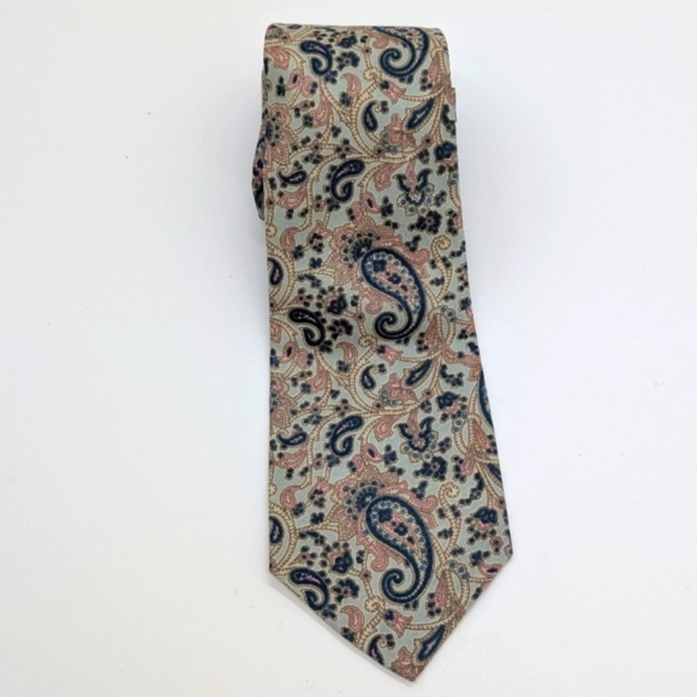 Prestwick & Moore Men's All Silk Tie Green with Pink Paisley Pattern